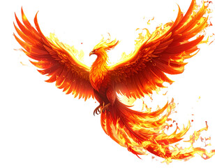 Fiery Phoenix Rising with Flaming Wings, Dynamic Mythical Bird, Isolated on Transparent Background