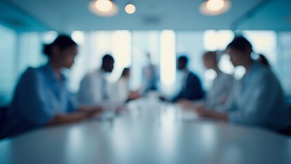 Blurred business meeting in a modern office setting with diverse team