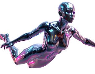Y2K Chrome Woman Flying Forward in Sleek Metallic Pose, Glossy Silver Mannequin Style, Isolated on Transparent Background (3)