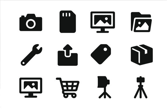 Photography Workflow Icons. Photography workflow. Solid icon set of photography workflow: camera, memory card, computer, photo folder, edit tool, upload icon,