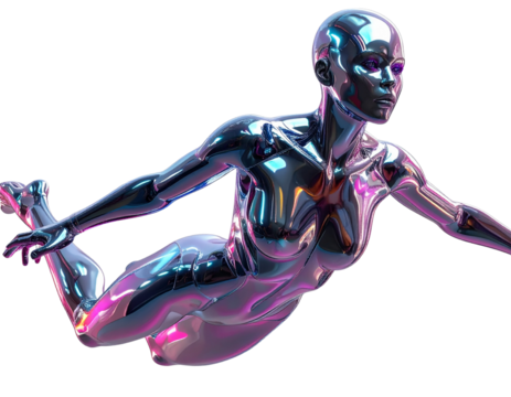 Y2K Chrome Woman Flying Forward in Sleek Metallic Pose, Glossy Silver Mannequin Style, Isolated on Transparent Background (3)