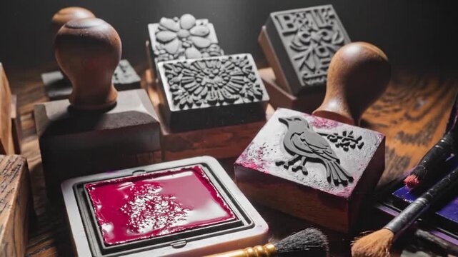 Handcrafted rubber stamps with botanical and decorative designs alongside colorful ink pads on rustic wood surface