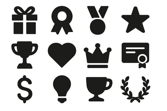 Reward Icons Collection. Reward. Solid icon set of reward: gift box, ribbon, medal, star, trophy, heart, crown, certificate, dollar sign, lightbulb, cup,