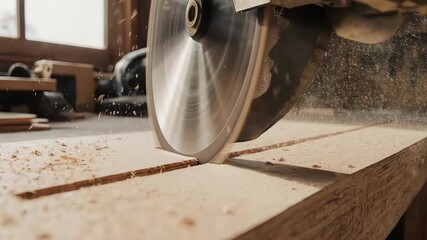 Close up of a circular saw blade cutting through wood in a workshop.