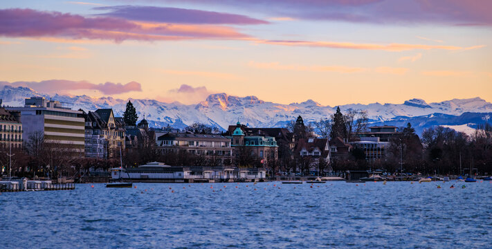 Lake Zurich with scenic snow covered Swiss Alps in Zurich, Switzerland