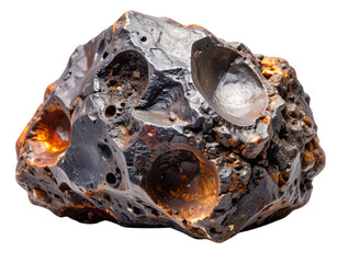 Rough Dark Meteorite Rock Fragment, Detailed Texture, Isolated Front View