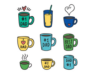 Mug set for fathers day Dad number 1 I love Dad Best Dad, hand drawn doodle
