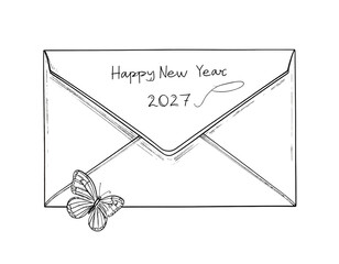 Hand-Drawn Envelope with Happy New Year 2027 Message and Butterfly Sketch, Front View, Isolated on Transparent Background