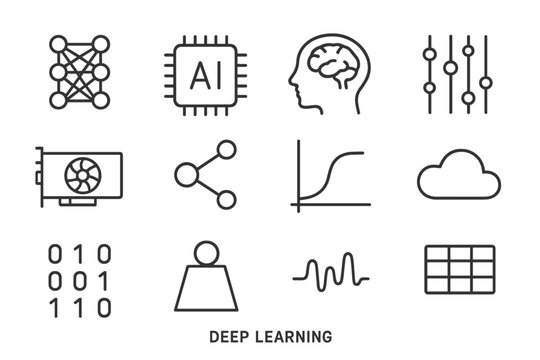 Deep Learning Icons. Deep learning. Line icon set of deep learning: layered network, AI chip, brain, data stream, GPU, neural node, activation function, cloud,
