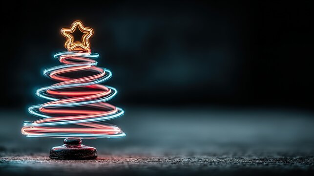 Neon christmas tree decoration with star on top against dark background.