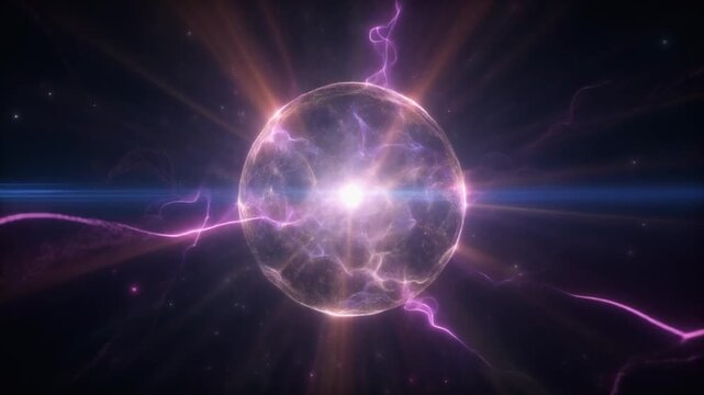 Sphere of energy emitting radiant rays and swirling particles creating a powerful dynamic visual symbolizing force creation transformation and vibrant cosmic motion in an abstract glowing form
