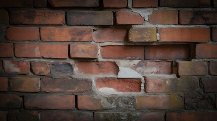 Obraz premium Close-up of Weathered Old Red Brick Wall Texture Background with Rustic Grunge Style and Vignette