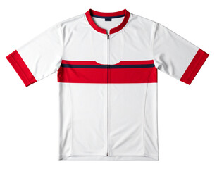 Red and White Cycling Jersey Laid Flat with Spread Sleeves, Top-Down Angle, Isolated