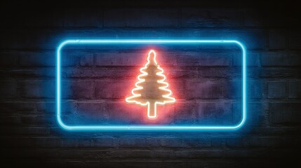 Neon sign of a tree on a brick wall glows with blue and red.