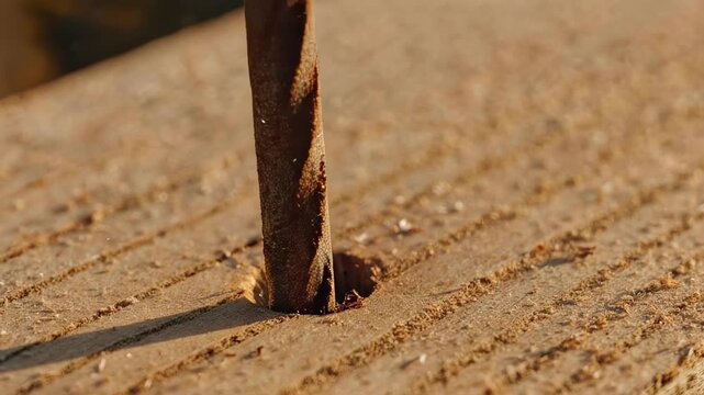 Close up of a rusty metal rod being hammered into a wooden surface.