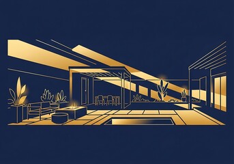 Golden architectural visualization of an elegant modern courtyard design