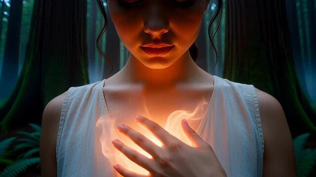 A spiritual woman's glowing heart radiates with inner light and love, symbolizing healing and meditation in a mystical nature forest.