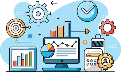 Monitor displays graphs and charts, flat illustration, vector illustration.