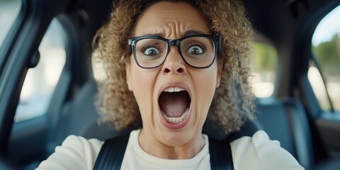 A woman with curly hair and glasses is screaming in a car. Concept of fear and panic, as the woman's facial expression and body language suggest that she is in a dangerous or uncomfortable situation