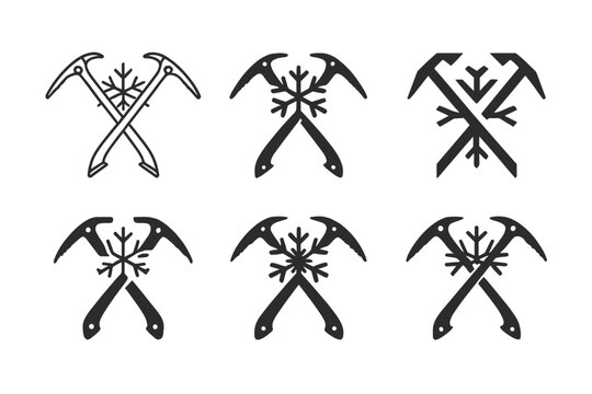 Ice Climbing Icon Set. Ice climbing. Icon set. Set Logo of ice climbing: climber ascending a frozen waterfall. harmonious logo variations of the same