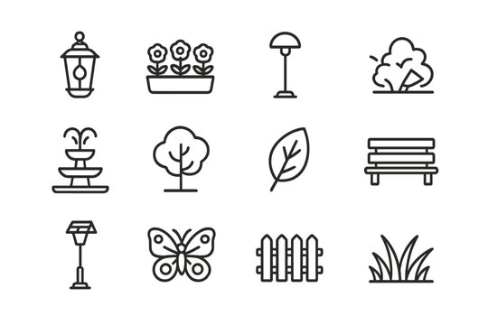 Garden Lighting Icons. Garden illumination. Line icon set of garden illumination: lantern, flower bed, path light, shrub uplight, water fountain, tree, leaf,