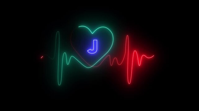 Neon Heartbeat EKG Line with Letter J in Blue and Red Green Neon electrocardiogram love