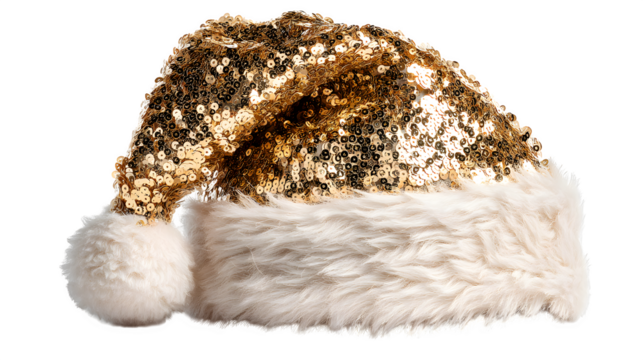 Golden sequin santa hat isolated on white background