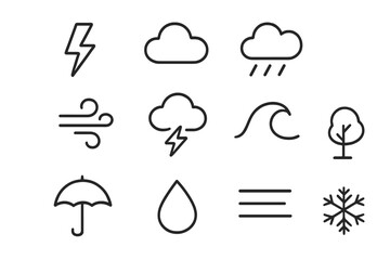 Fototapeta premium Storm Icons Collection. Storm elements. Line icon set of storm elements: lightning, cloud, rain, wind swirl, thunder icon, wave, tree, umbrella, droplet, fog,