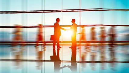Business professionals shaking hands in modern office building at sunset