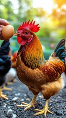 Fototapeta premium A person is feeding a chicken an egg. The chicken is standing on a dirt ground. The scene is peaceful and calm