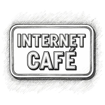 Stylized monochrome internet caf&eacute; signage, illustrative, sketchy design