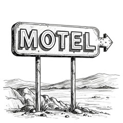 Vintage motel sign sketch in desert landscape for travel advertising