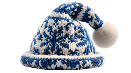 Blue and white knitted winter hat isolated on white background