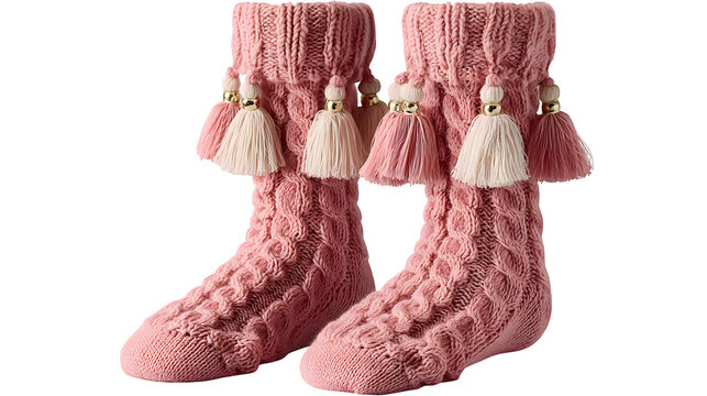 Pink knitted socks with tassels isolated on white background