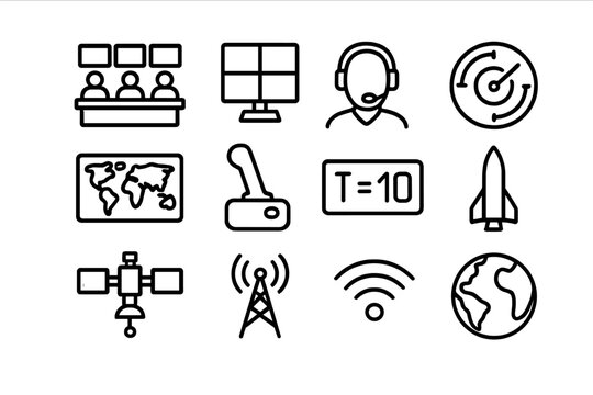 Mission Control Icons. Mission Control. Line icon set of Mission Control: control room, monitor screens, headset operator, radar, map, joystick, countdown