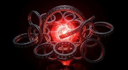 Mystical Energy Enclosed within Woven Rings Against Stark Darkness Backdrop
