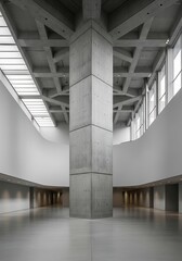 Monumental concrete pillar in expansive light-filled architectural interior expanse hall