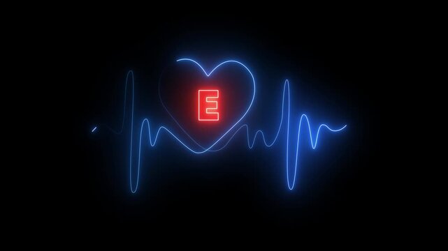 Neon Heartbeat EKG with Red Letter E Inside Heart on Black Background electrocardiogram heart rate