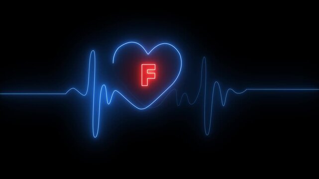 Neon Heartbeat EKG with Red Letter F Inside Heart on Black Background electrocardiogram heart rate