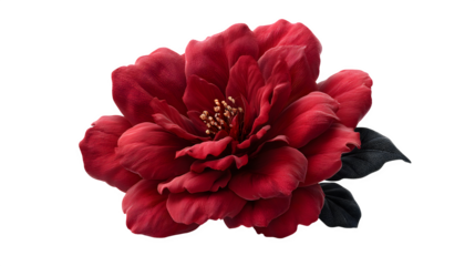 Red camellia bloom against black isolated on white background