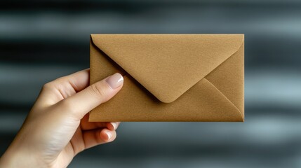 A hand holding a brown envelope. The envelope is brown and has a design on it