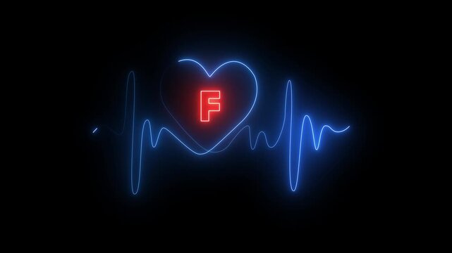 Neon Heartbeat EKG with Red Letter F Inside Heart on Black Background electrocardiogram heart rate