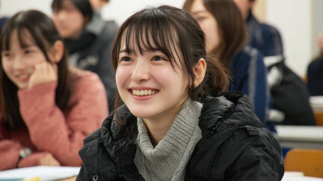 A young female student sits in a classroom, smiling brightly as she listens to the lecture. Her classmates are focused and engaged, creating a lively learning environment.