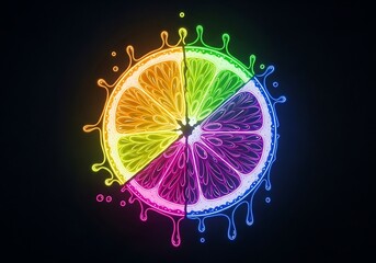 Neon citrus spectrum a vibrant display of segmented fruit with dripping colors and illuminated on a black background