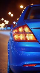 A blue car with its lights on. The lights are red and the car is parked on a street