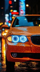 A car with its headlights on is parked in the rain. The car is orange and has a shiny, wet appearance. The scene is set in a city at night, with bright lights illuminating the area