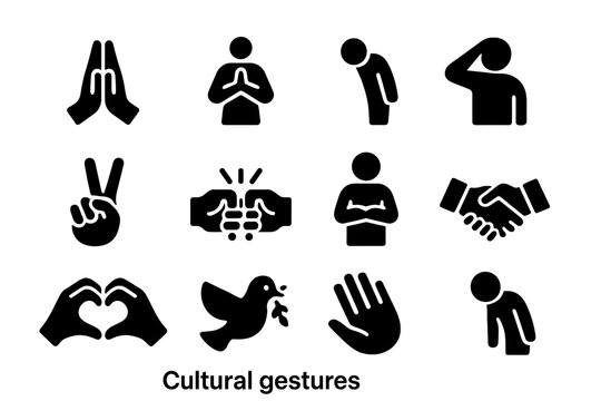 Cultural Gesture Icons. Cultural gestures. Solid icon set of Cultural gestures: prayer hands, namaste, bowing head, salute, victory sign, fist bump, crossed