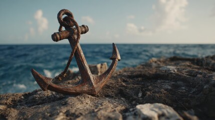 A rusty anchor stands prominently on a rocky shore, with waves from the ocean crashing against the rocks. The scene is set under a clear blue sky, creating a serene coastal atmosphere.