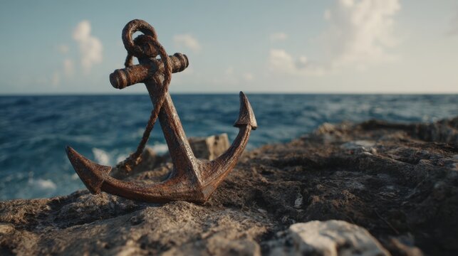 A rusty anchor stands prominently on a rocky shore, with waves from the ocean crashing against the rocks. The scene is set under a clear blue sky, creating a serene coastal atmosphere.