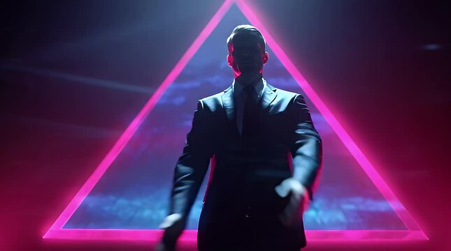 Man in Suit Illuminated by a Neon Triangle